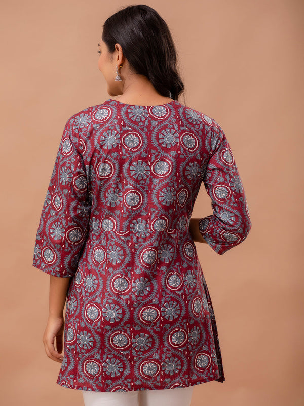 Ethnic Motifs Printed Gathers Cotton Tunic
