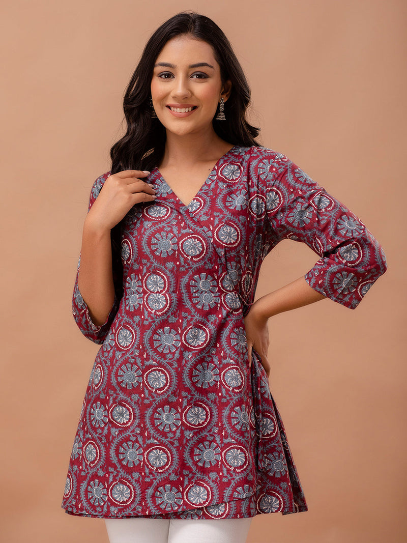 Ethnic Motifs Printed Gathers Cotton Tunic