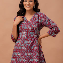 Ethnic Motifs Printed Gathers Cotton Tunic