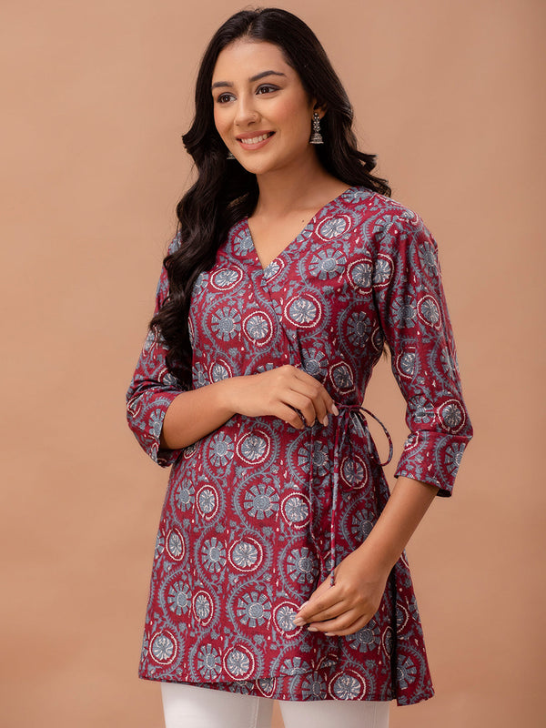 Ethnic Motifs Printed Gathers Cotton Tunic