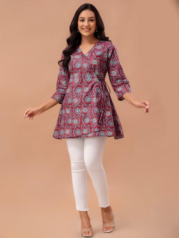 Ethnic Motifs Printed Gathers Cotton Tunic