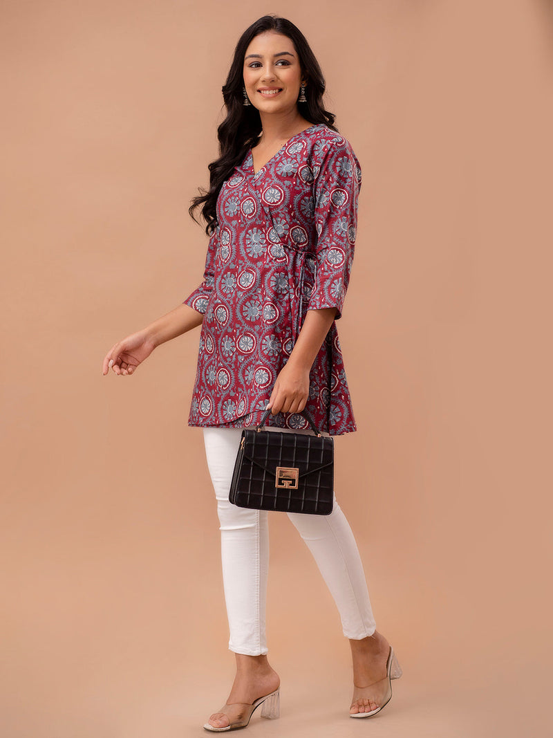 Ethnic Motifs Printed Gathers Cotton Tunic