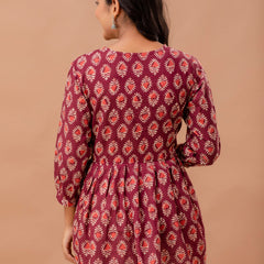 Floral Printed V-Neck Pure Cotton Pleated A-Line Kurti