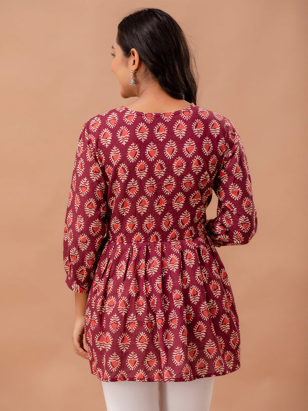 Floral Printed V-Neck Pure Cotton Pleated A-Line Kurti