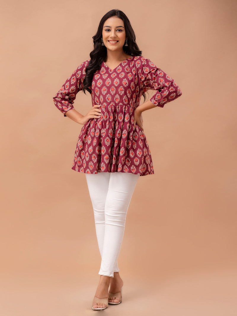 Floral Printed V-Neck Pure Cotton Pleated A-Line Kurti