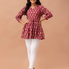 Floral Printed V-Neck Pure Cotton Pleated A-Line Kurti