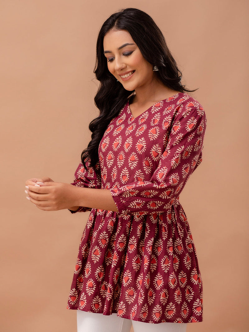 Floral Printed V-Neck Pure Cotton Pleated A-Line Kurti