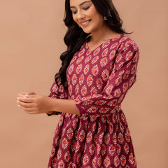 Floral Printed V-Neck Pure Cotton Pleated A-Line Kurti