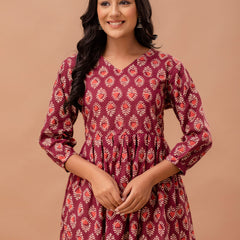 Floral Printed V-Neck Pure Cotton Pleated A-Line Kurti