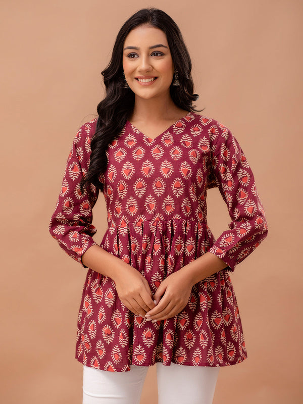 Floral Printed V-Neck Pure Cotton Pleated A-Line Kurti