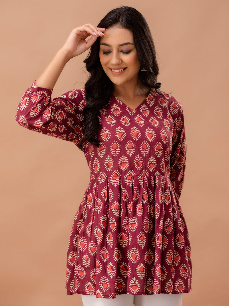 Floral Printed V-Neck Pure Cotton Pleated A-Line Kurti