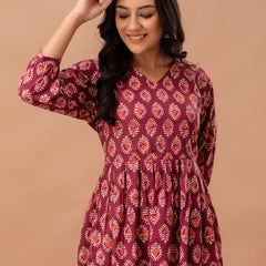 Floral Printed V-Neck Pure Cotton Pleated A-Line Kurti