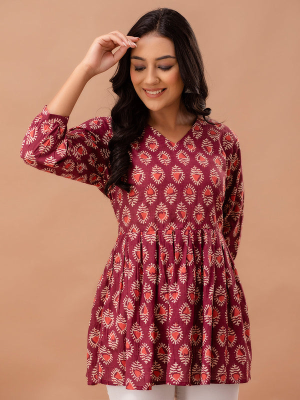 Floral Printed V-Neck Pure Cotton Pleated A-Line Kurti