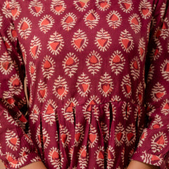Floral Printed V-Neck Pure Cotton Pleated A-Line Kurti