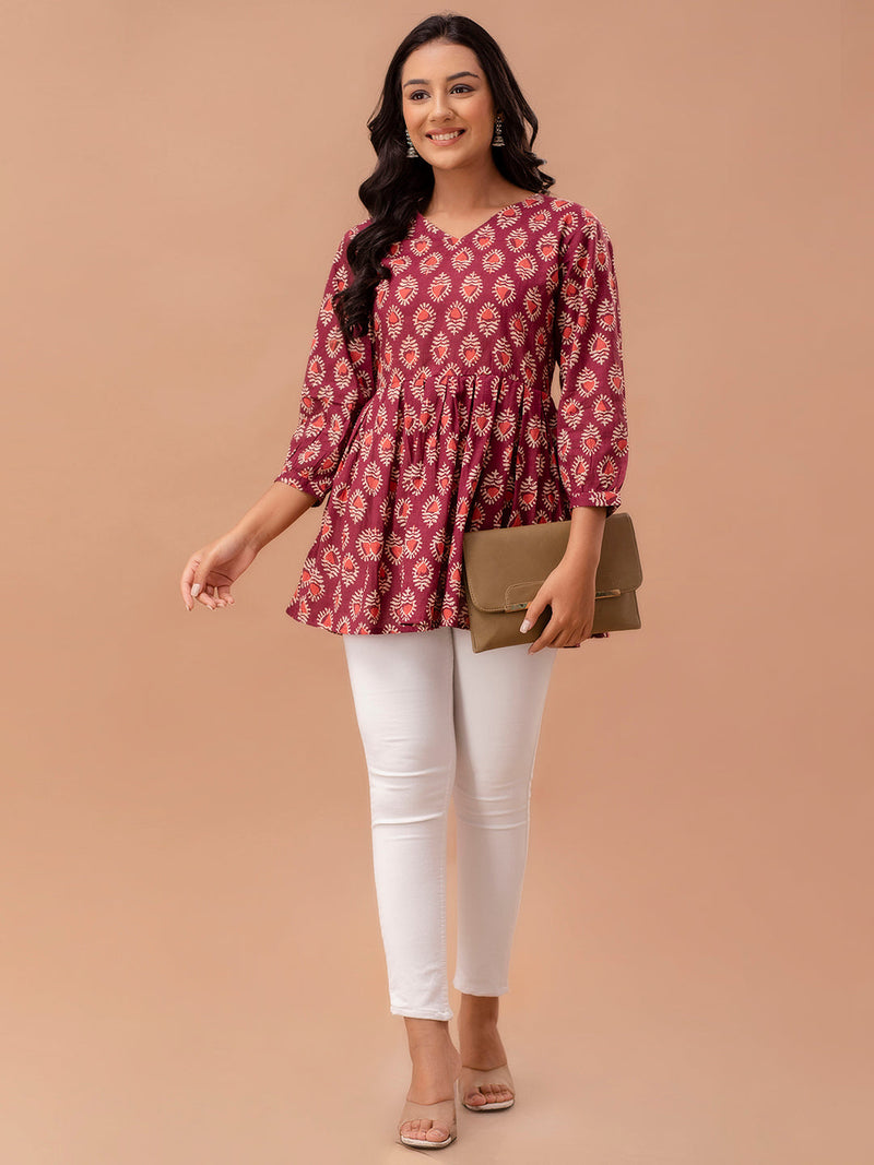 Floral Printed V-Neck Pure Cotton Pleated A-Line Kurti