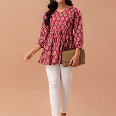 Floral Printed V-Neck Pure Cotton Pleated A-Line Kurti