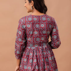 Floral Printed V-Neck Pure Cotton Pleated A-Line Kurti