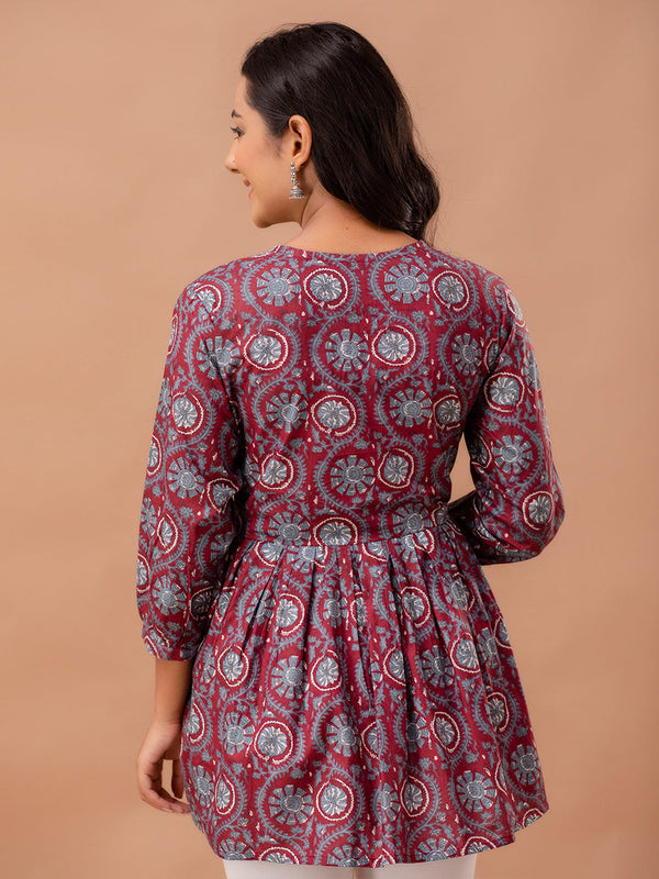 Floral Printed V-Neck Pure Cotton Pleated A-Line Kurti