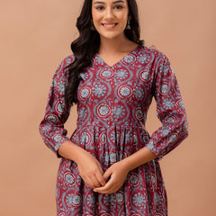 Floral Printed V-Neck Pure Cotton Pleated A-Line Kurti