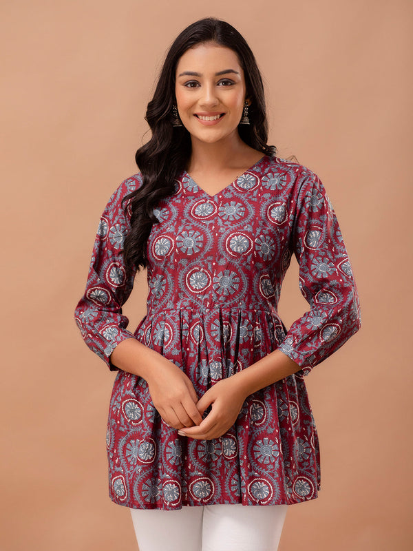 Floral Printed V-Neck Pure Cotton Pleated A-Line Kurti