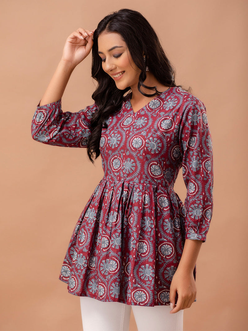 Floral Printed V-Neck Pure Cotton Pleated A-Line Kurti