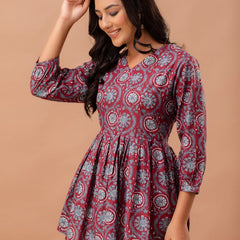 Floral Printed V-Neck Pure Cotton Pleated A-Line Kurti