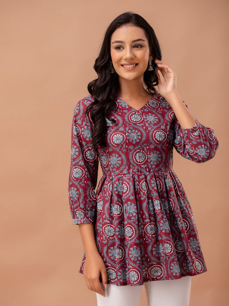Floral Printed V-Neck Pure Cotton Pleated A-Line Kurti