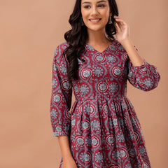 Floral Printed V-Neck Pure Cotton Pleated A-Line Kurti