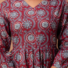 Floral Printed V-Neck Pure Cotton Pleated A-Line Kurti