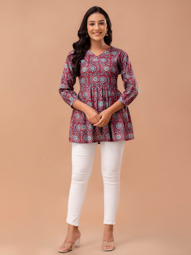 Floral Printed V-Neck Pure Cotton Pleated A-Line Kurti