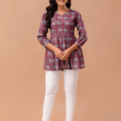 Floral Printed V-Neck Pure Cotton Pleated A-Line Kurti
