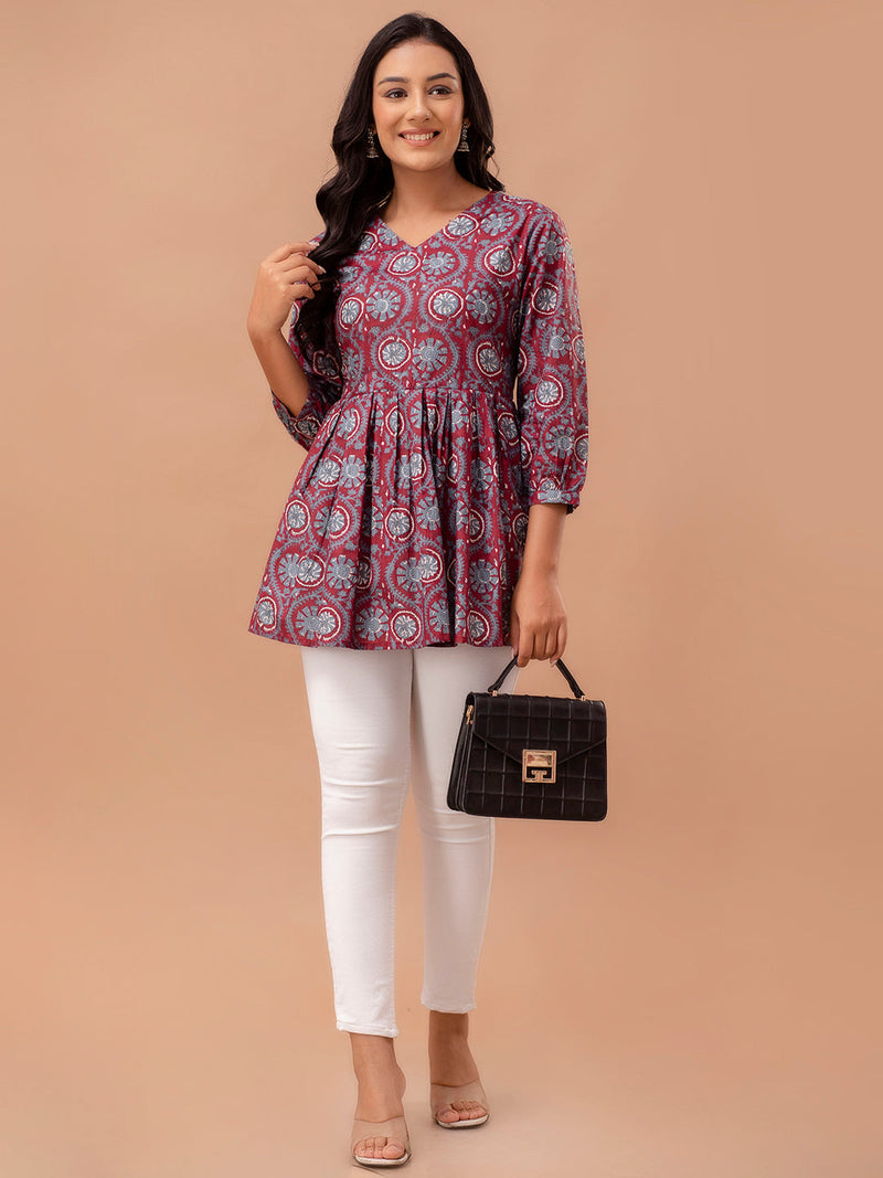Floral Printed V-Neck Pure Cotton Pleated A-Line Kurti