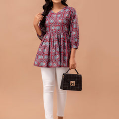 Floral Printed V-Neck Pure Cotton Pleated A-Line Kurti