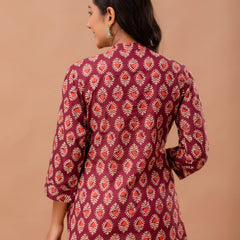Floral Printed Pure Cotton Pleated A-Line Kurti