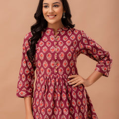 Floral Printed Pure Cotton Pleated A-Line Kurti