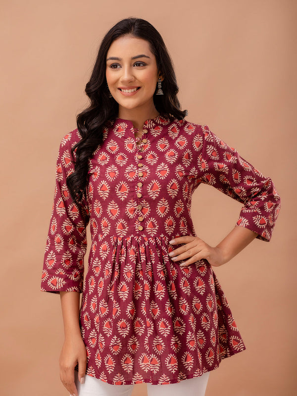 Floral Printed Pure Cotton Pleated A-Line Kurti