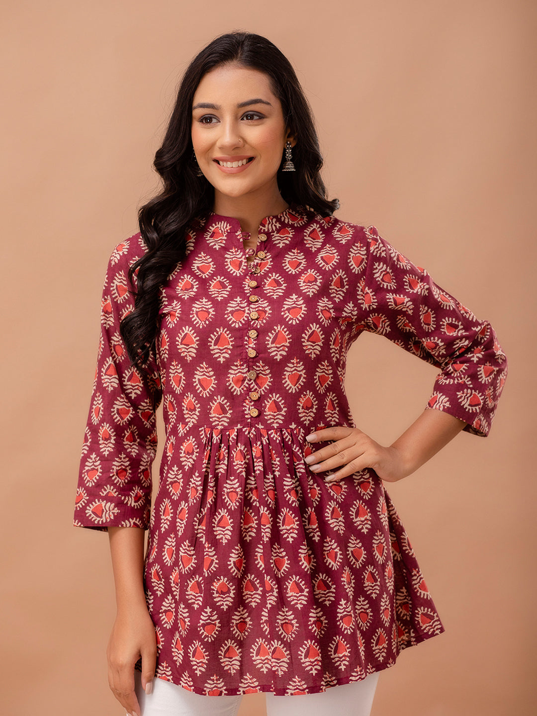 Floral Printed Pure Cotton Pleated A-Line Kurti FRKT6229