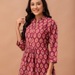 Floral Printed Pure Cotton Pleated A-Line Kurti