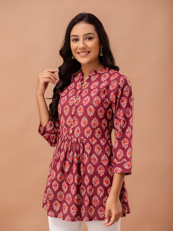 Floral Printed Pure Cotton Pleated A-Line Kurti