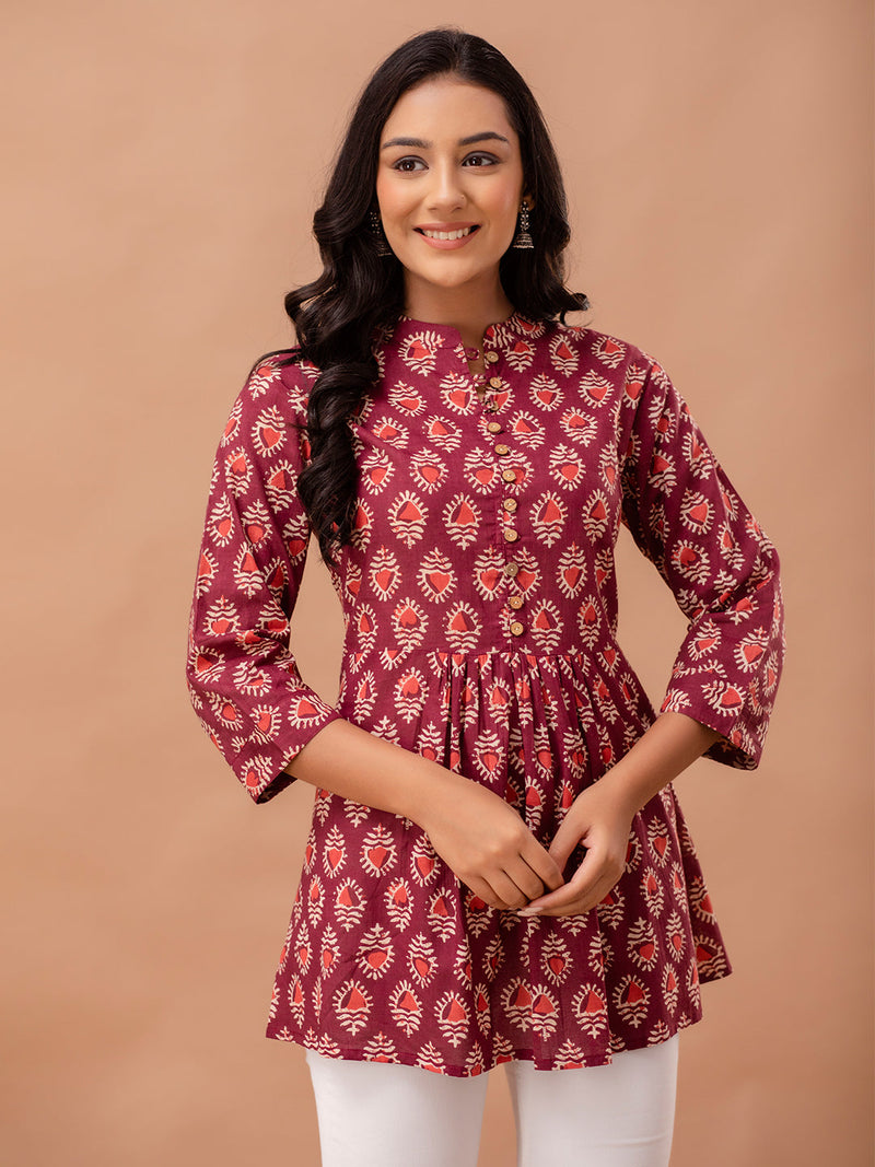 Floral Printed Pure Cotton Pleated A-Line Kurti
