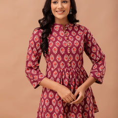 Floral Printed Pure Cotton Pleated A-Line Kurti