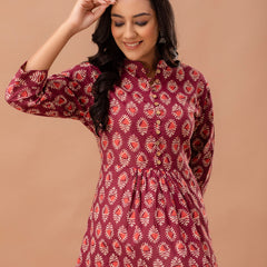 Floral Printed Pure Cotton Pleated A-Line Kurti