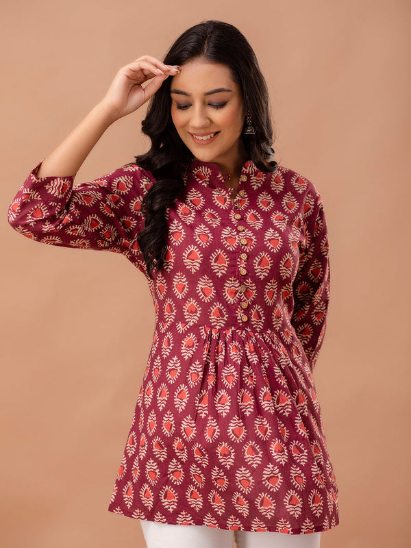 Floral Printed Pure Cotton Pleated A-Line Kurti