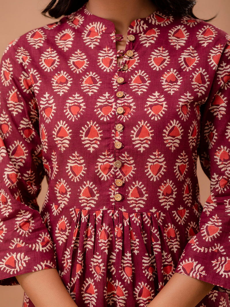 Floral Printed Pure Cotton Pleated A-Line Kurti