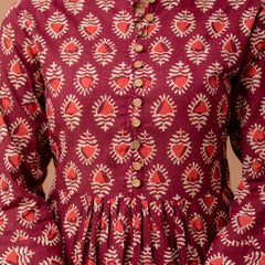 Floral Printed Pure Cotton Pleated A-Line Kurti