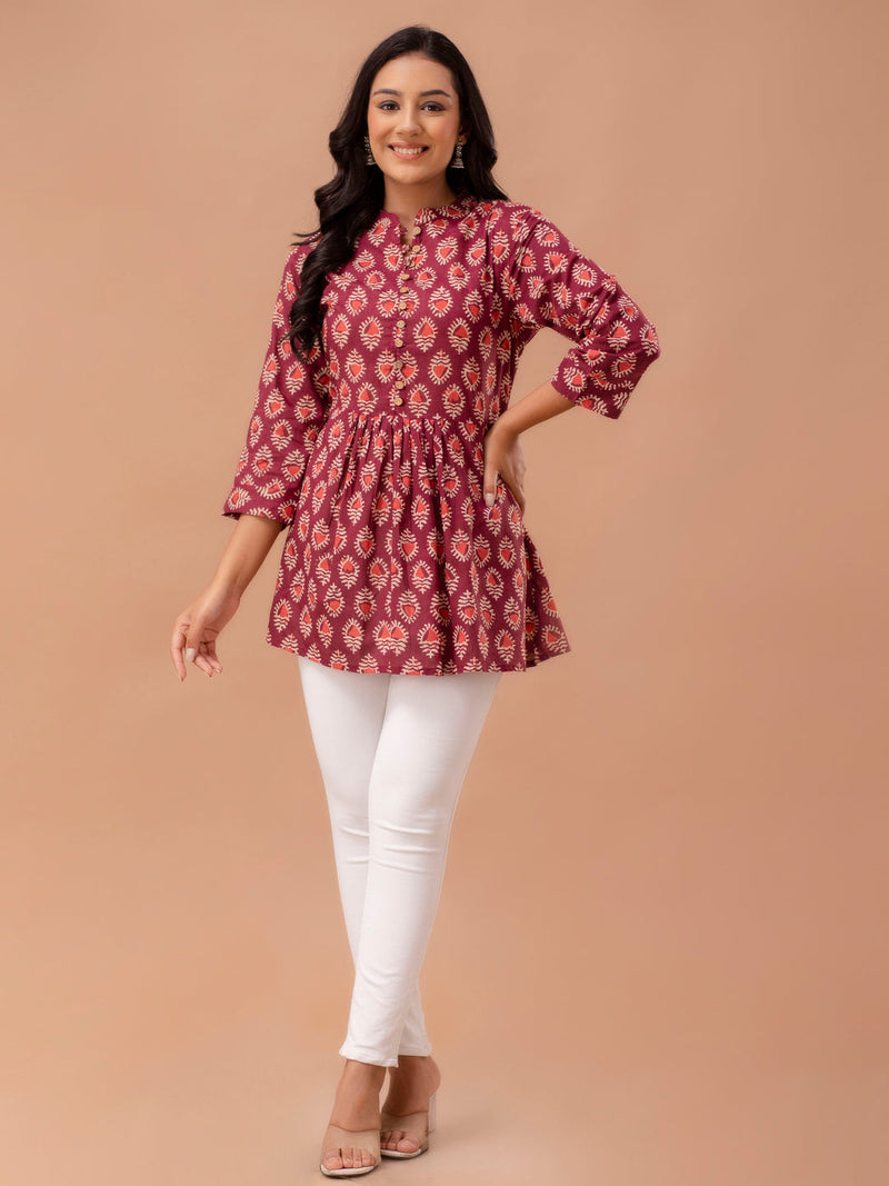 Floral Printed Pure Cotton Pleated A-Line Kurti