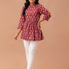 Floral Printed Pure Cotton Pleated A-Line Kurti