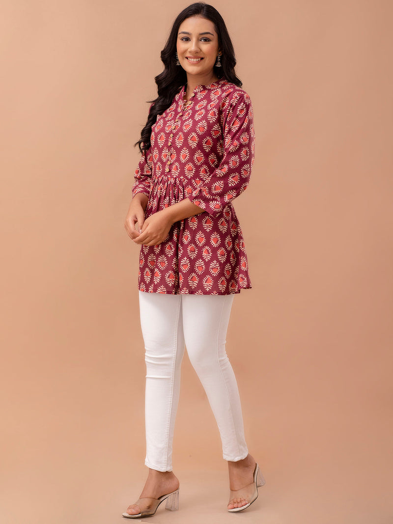 Floral Printed Pure Cotton Pleated A-Line Kurti