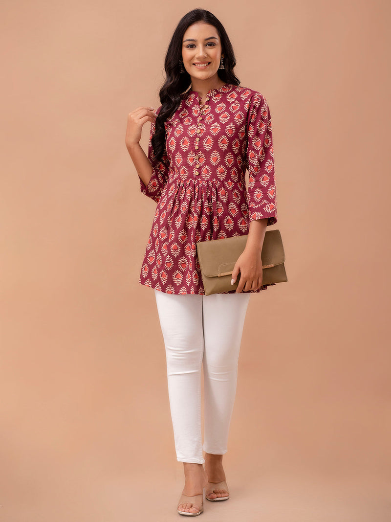 Floral Printed Pure Cotton Pleated A-Line Kurti