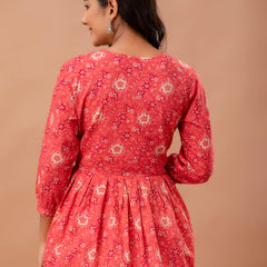 Floral Printed V-Neck Pure Cotton Pleated A-Line Kurti